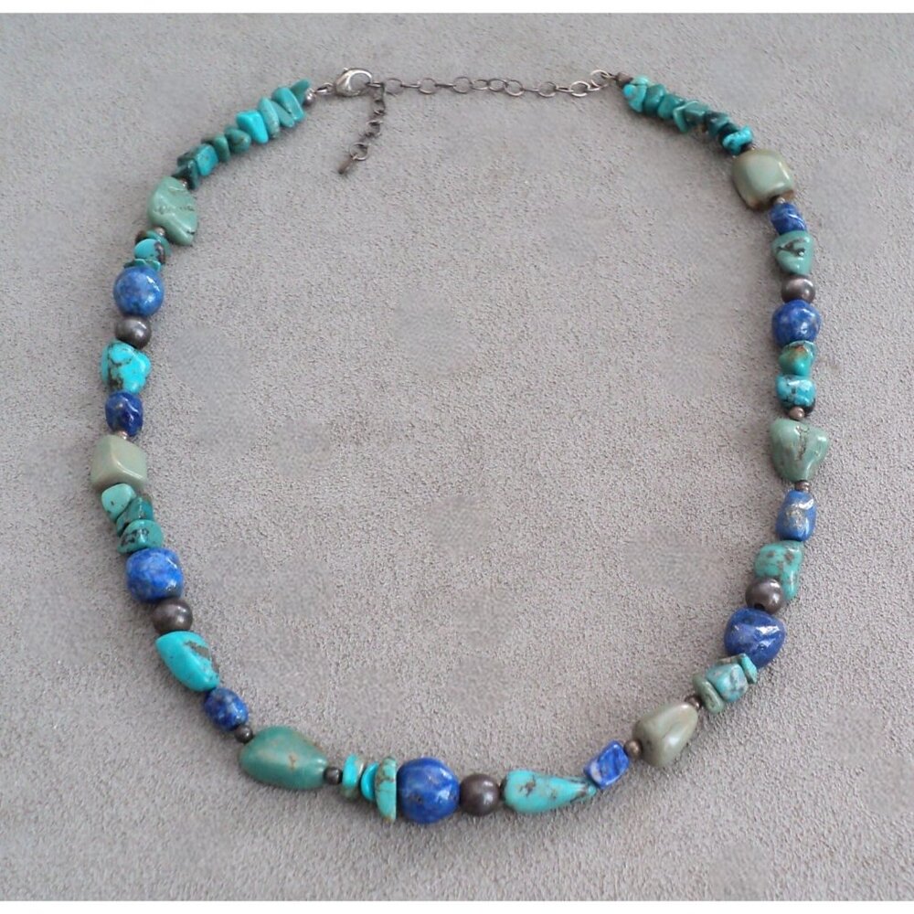 TURQUOISE Lapis & STERLING Silver NECKLACE Southwestern Nuggets 17-19.5" Adjust